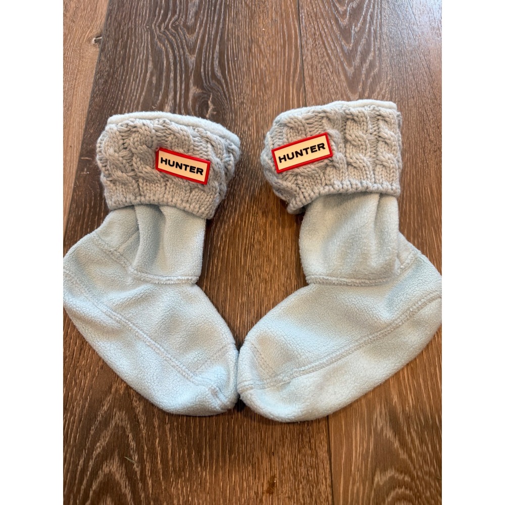 Hunter Kids Cable Knit Cuff Boot Socks Light Blue Fleece Liners KAS4024AAB Sz M